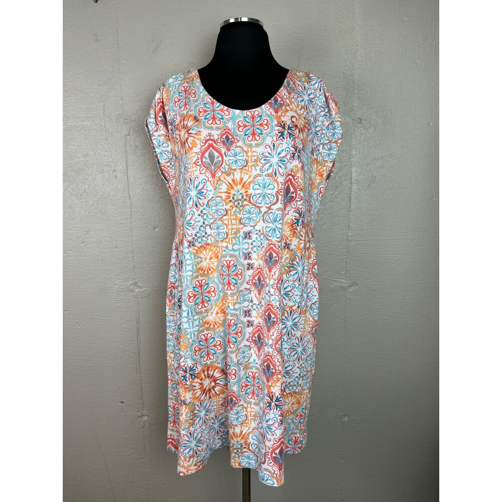 T BY TALBOTS Dress Freshwater Medallion Ruched Shift Blue White Large